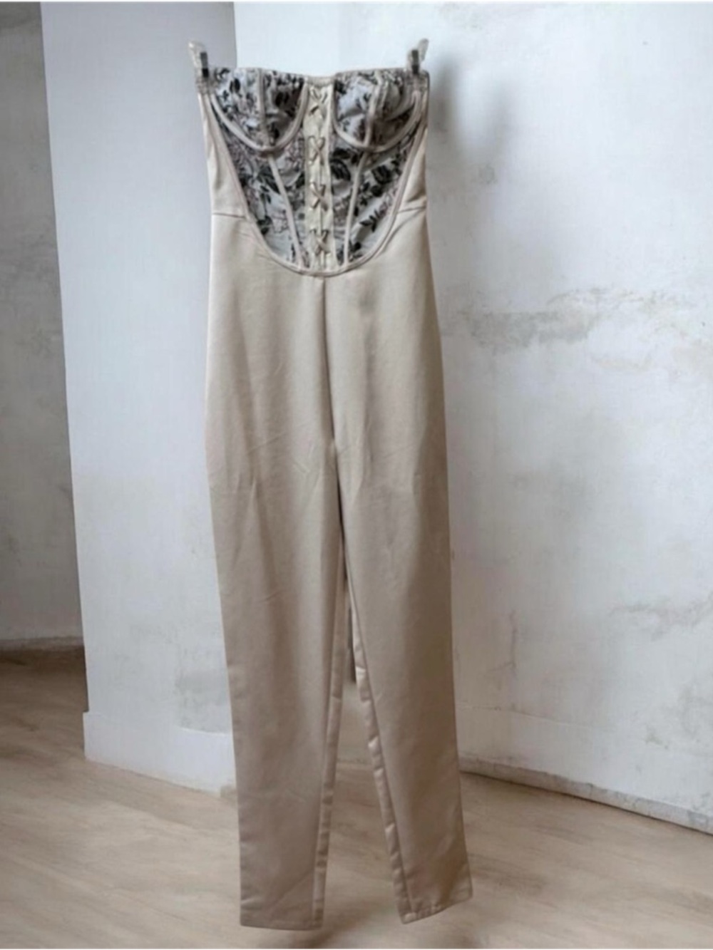 Pretty Little Thing Cream & Floral Breast Jumpsuit in size 2